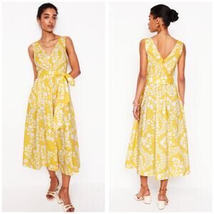 Boden V-Neck Belted Flare Midi Dress Size 6 Yellow Floral Sleeveless Modest Tea